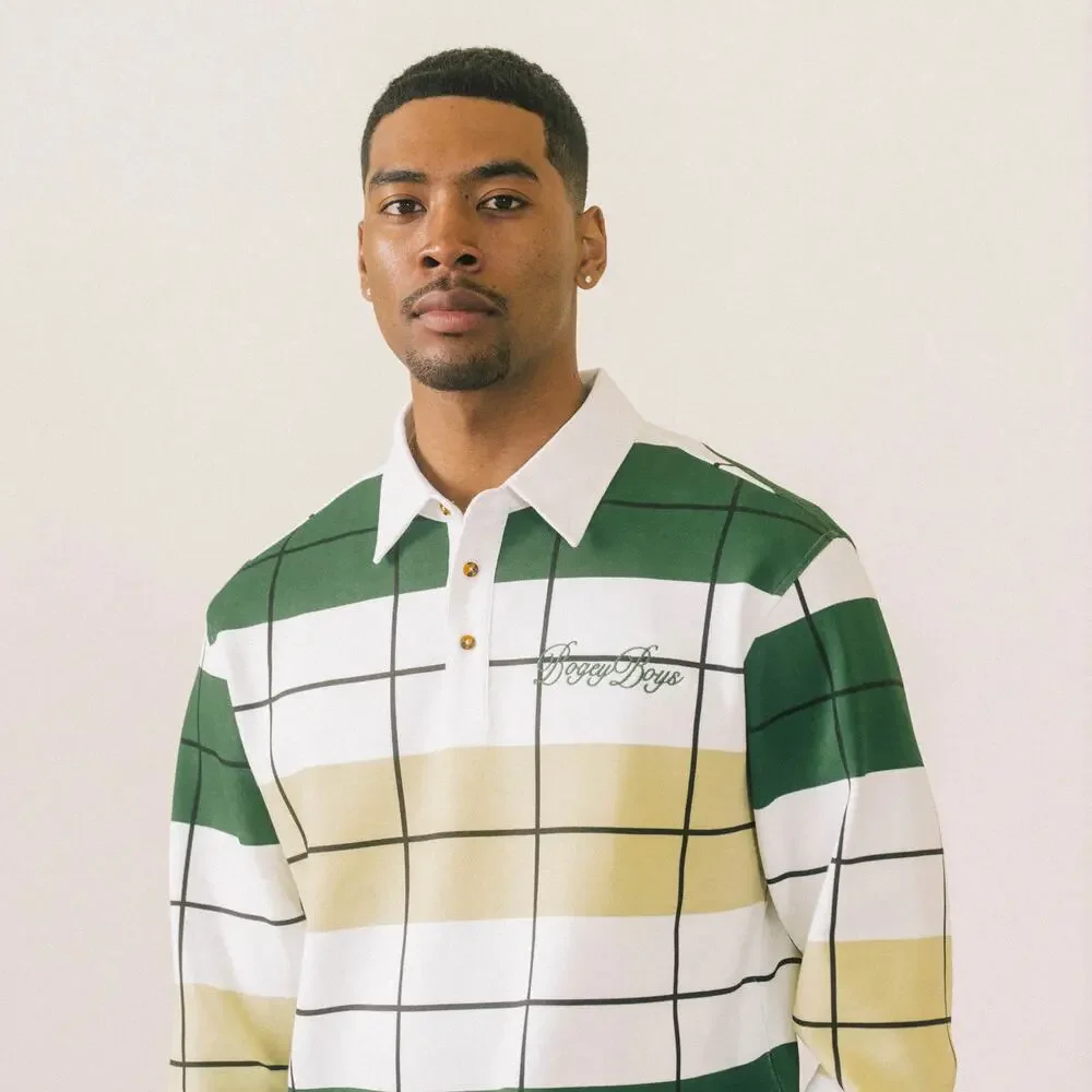 Bogey Boys Sz SM Green Yellow White Long Sleeve Offset Check Polo Shirt